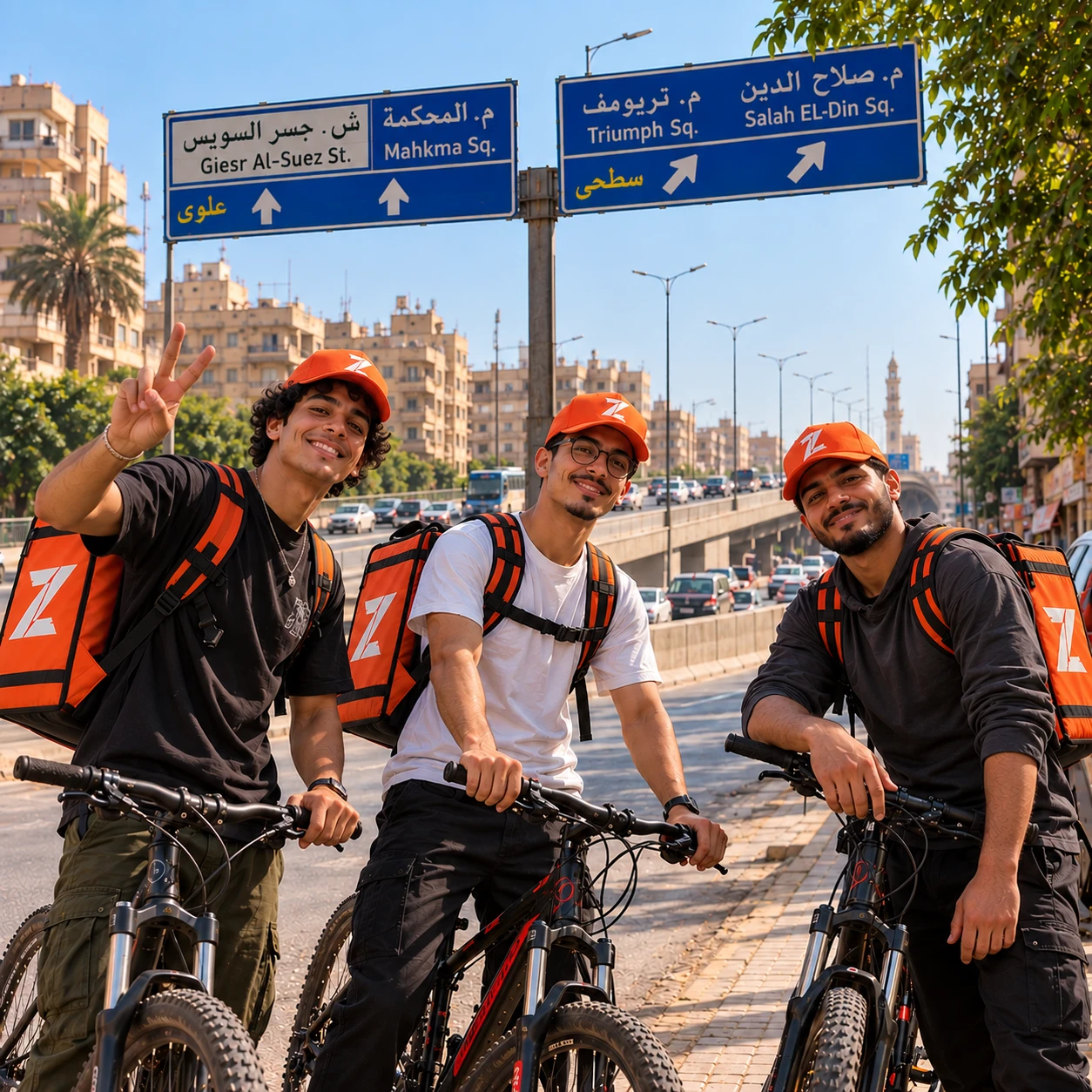 Three smiling Lahazat riders on bicycles with orange delivery backpacks
