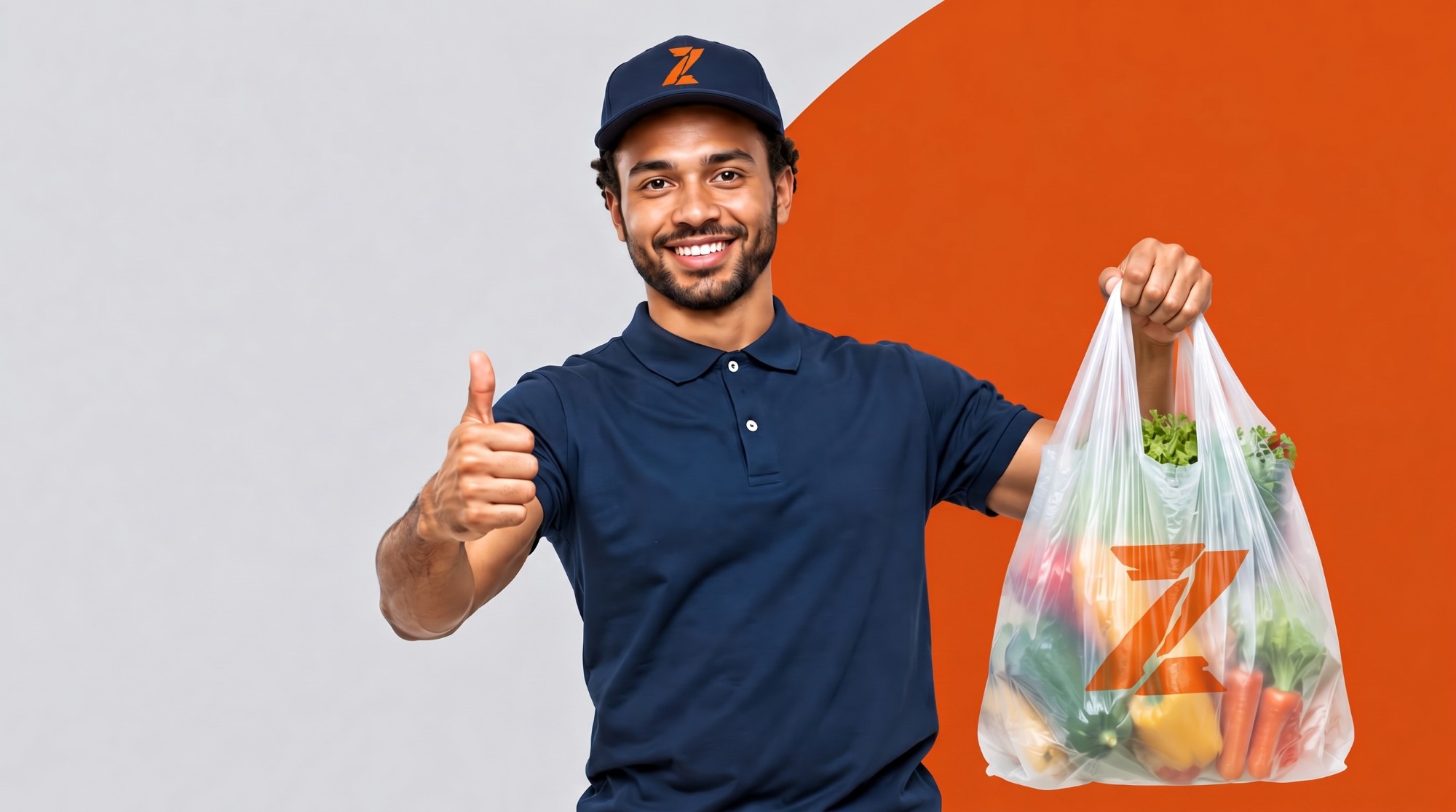 Smiling Lahazat courier giving a thumbs up and holding a bag of groceries
