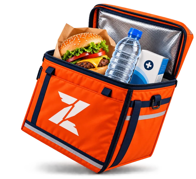 Lahazat delivery bag packed with a burger, water and medicine